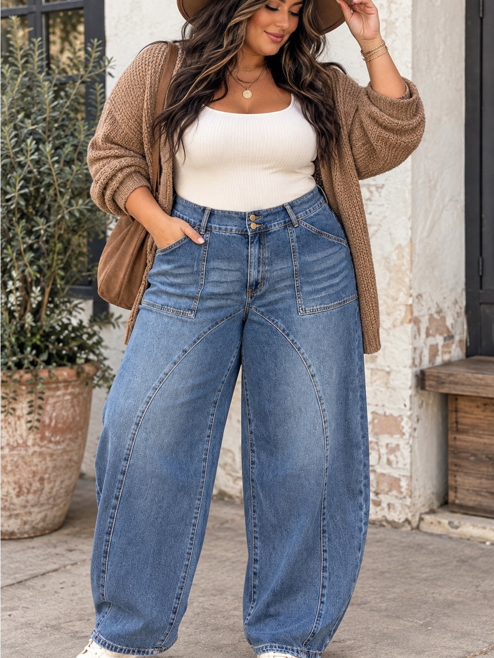 SHEIN Plus Size 2XL Barrel Leg Jeans High Rise Patch Pocket Denim